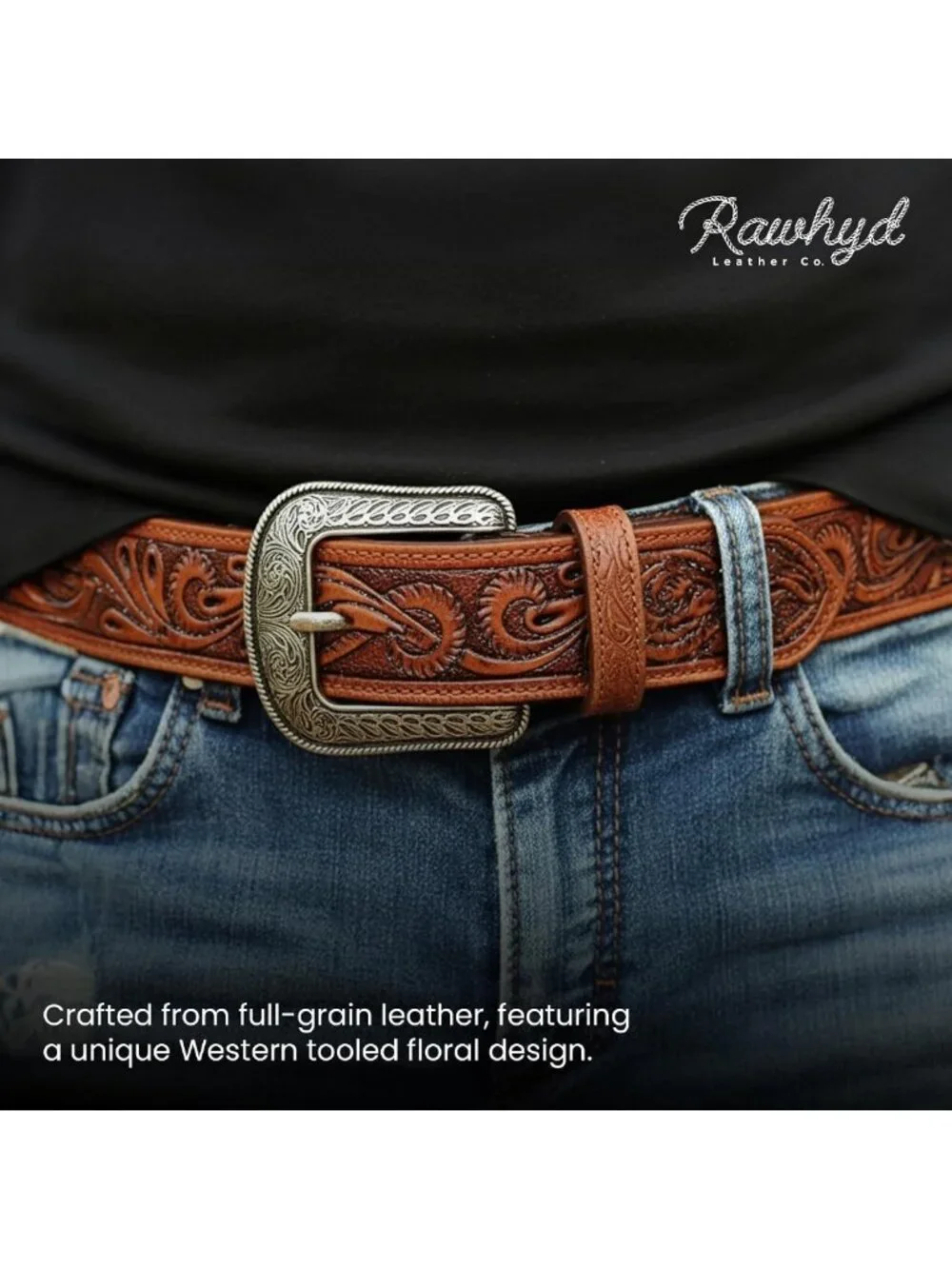 Full-Grain Men's Western Belt - Durable Tooled Leather, Versatile Buckle-Free